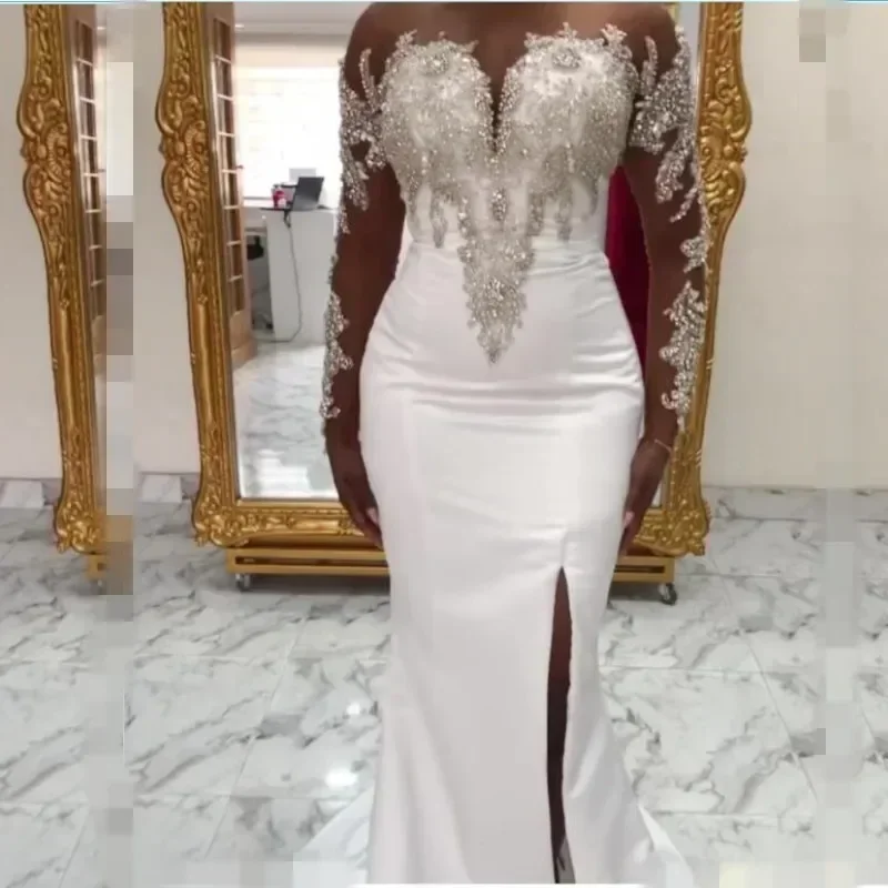 Robe de mariée africaine personnalisée, col rond, grande taille, avec traîne détachable, perles transparentes, fendue sur le côté, robe de mariée sirène en Satin
