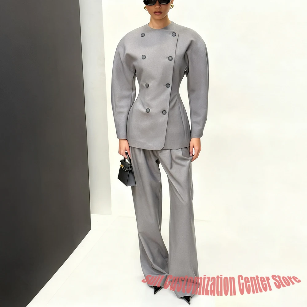 

Серый двубортный костюм, облегающий женский пиджак с пышными рукавами и круглым вырезом, минималистичный элегантный пиджак + брюки, вечерняя одежда для вечеринок