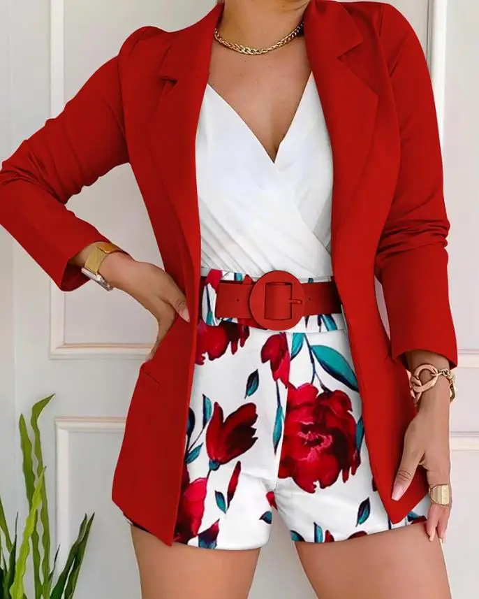 Manga comprida blazer & floral print shorts conjunto com cinto feminino casual nova moda 2023 roupas femininas terno