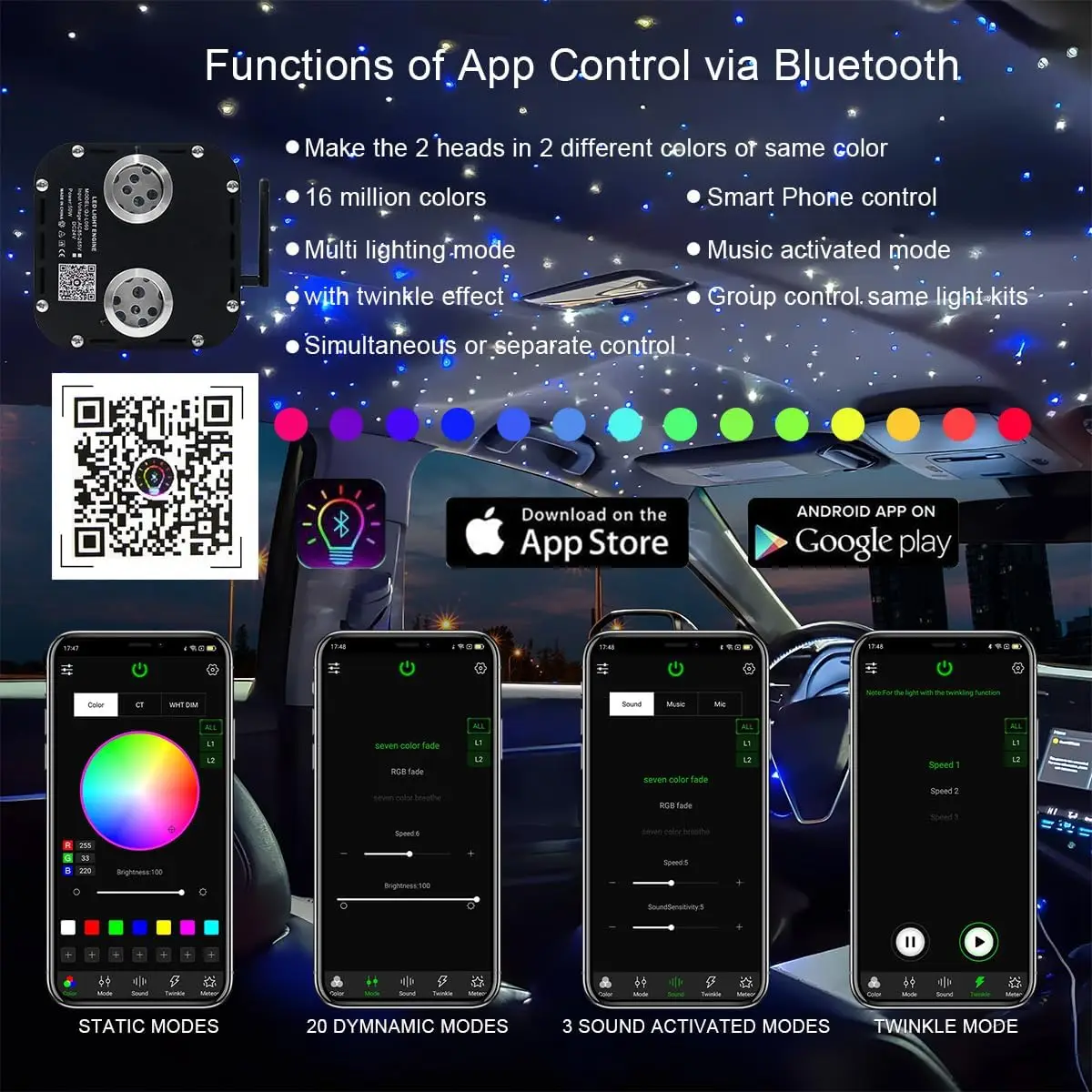 50W dual Head Dual Color Twinkle Fiber Optic Light Engine Bluetooth APP Control Music Activated 28-Key Remote RGBW Headline DIY