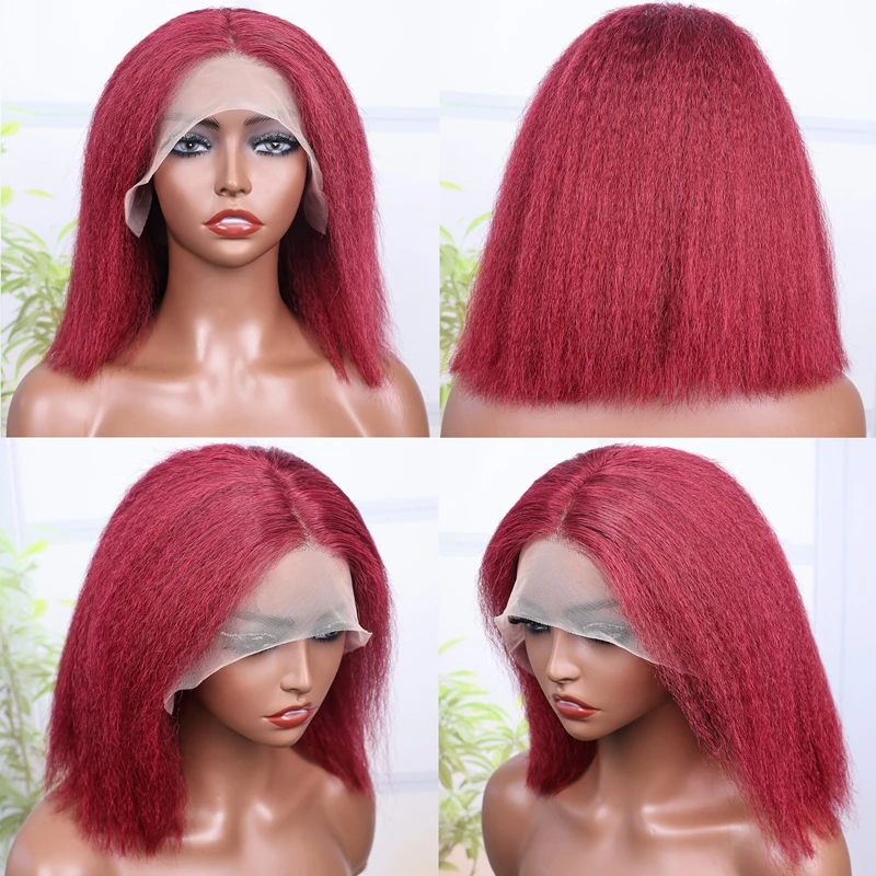 バーガンディ200%高密度縮毛矯正風ストレート13x4レースフロントボブウィッグ人毛プレプラッキング済み透明レース100%人毛ウィッグ # 99J（ナインティーナインジュウ）