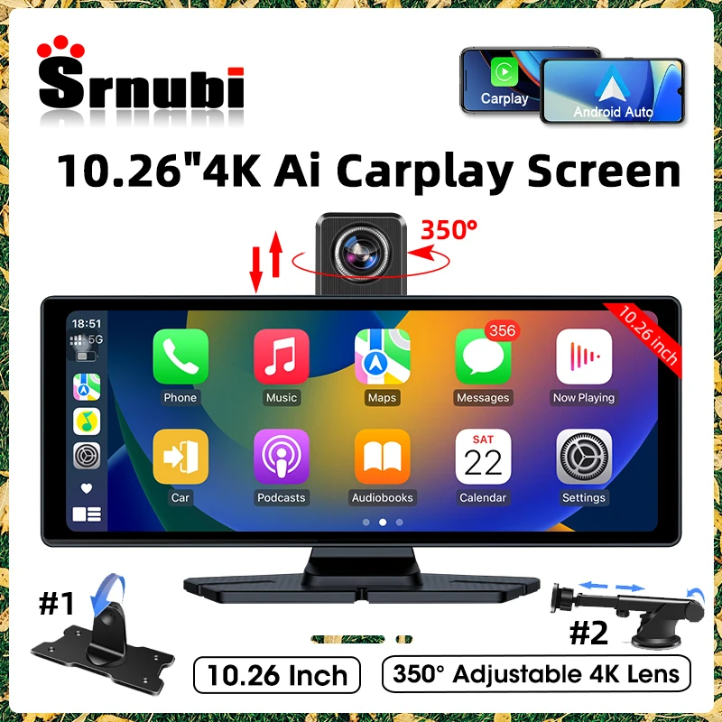 Srnubi 10.26 Inch 4K Dash Cam Rearview Camera Carplay & Android Auto DVR GPS Navigation Video Dashboard Mirror Monitor Car DVRs