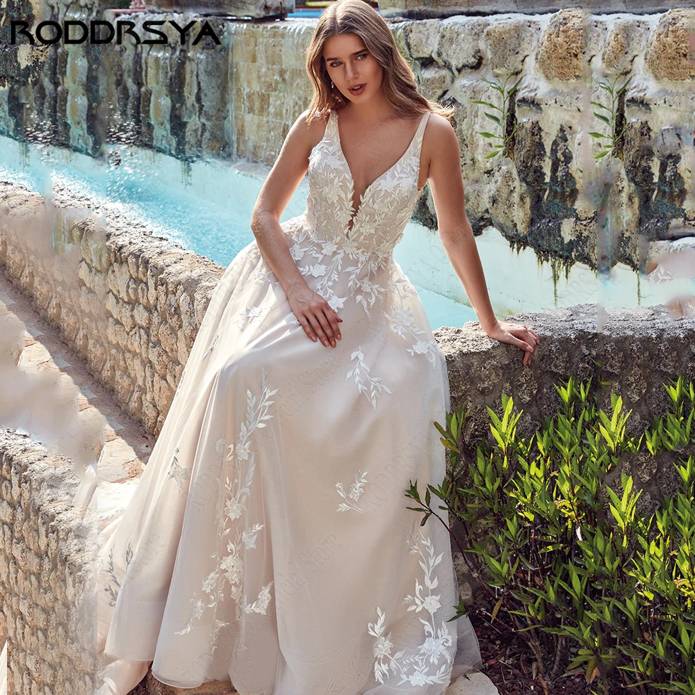 Vestido de novia moderno roddrsya sin mangas V cuello con pasta en la espalda y vestido de novia conRODDRSYA-Vestidos De Novia modernos, sin mangas, cuello en V, Espalda descubierta, tirantes finos, apliques De línea a