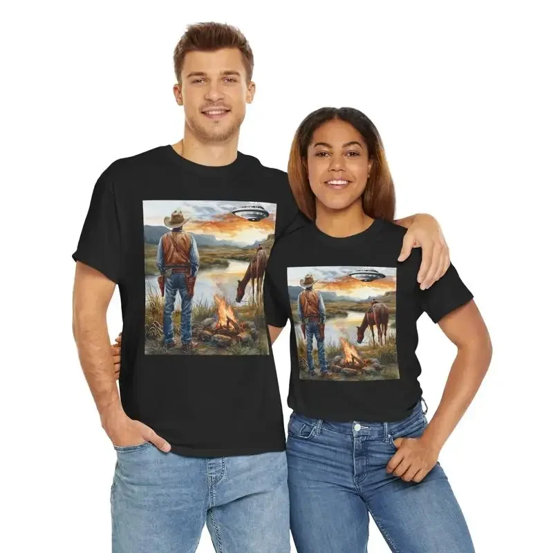 Cowboy His Horse and a UFO Aliens Landed Ship Old West Painting Art T Shirt
