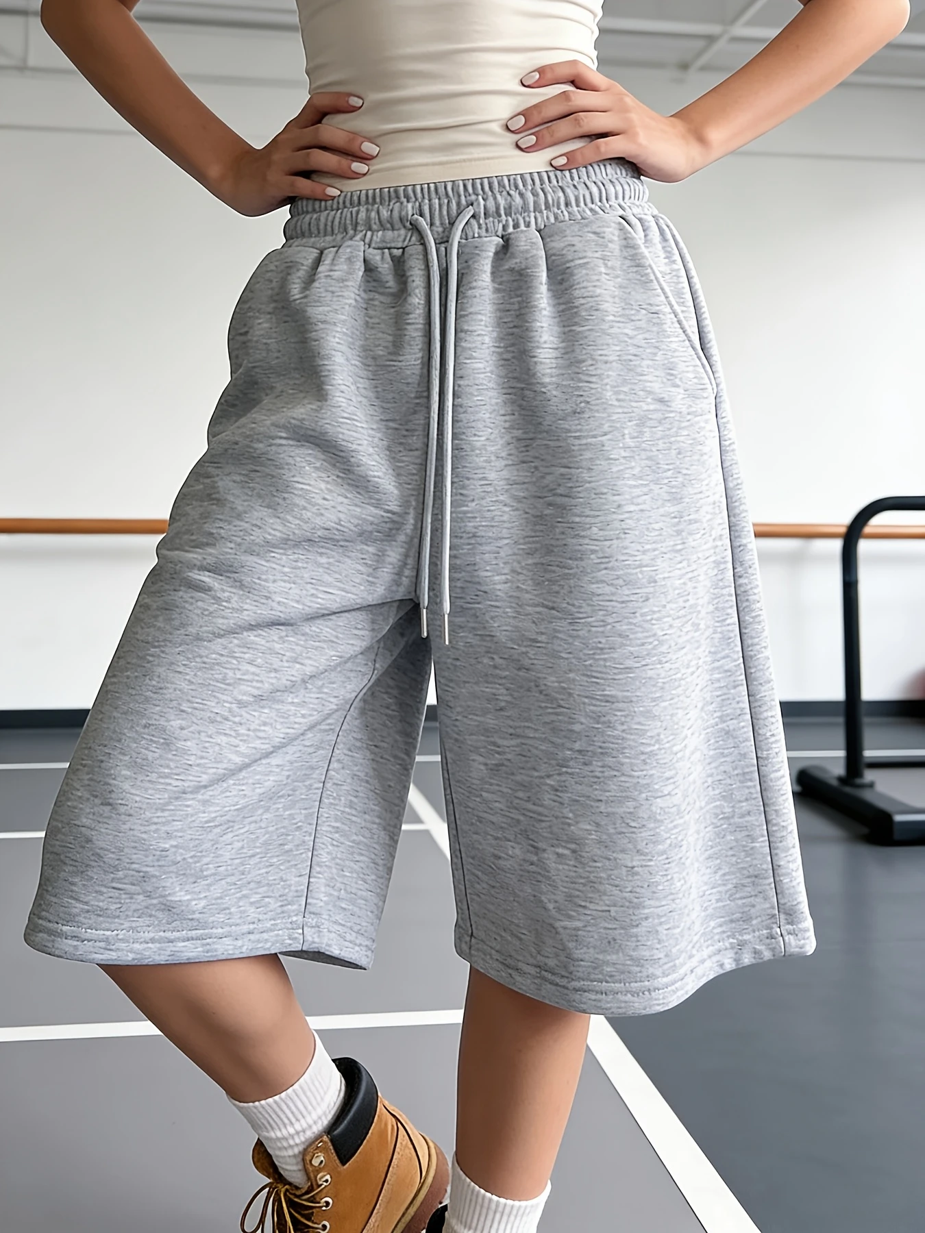 Women'S Casual Athletic Shorts, Elastic Waist Wide Leg Straight Bermuda Shorts, Mid-Length Loose Drawstring Shorts