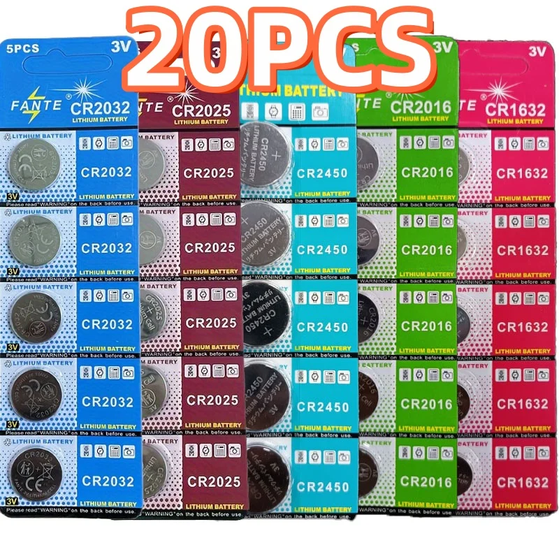 20PCS 3V CR2025 Lithium Button Battery DL2025 BR2025 LM2025 CR2450 2016 2450 1632  Coin Cell Watch Batteries For Toys Clock Compute