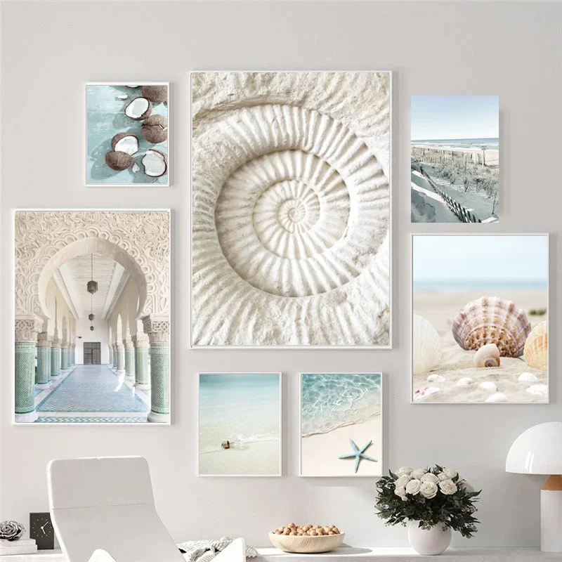 Frameless Scandinavian Simple Wall Art Summer Ocean Seashells Starfish Waves HD Canvas Poster Prints Home Bedroom Living Room De