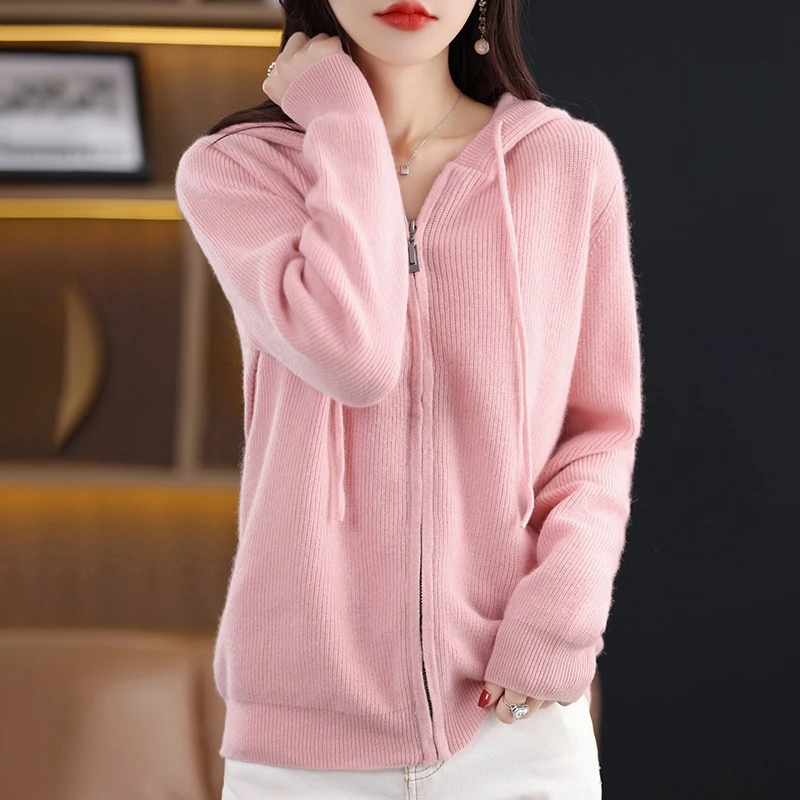 Women\'s long sleeved hooded cardigan autumn and winter women\'s knitted new cashmere sweater jacket top