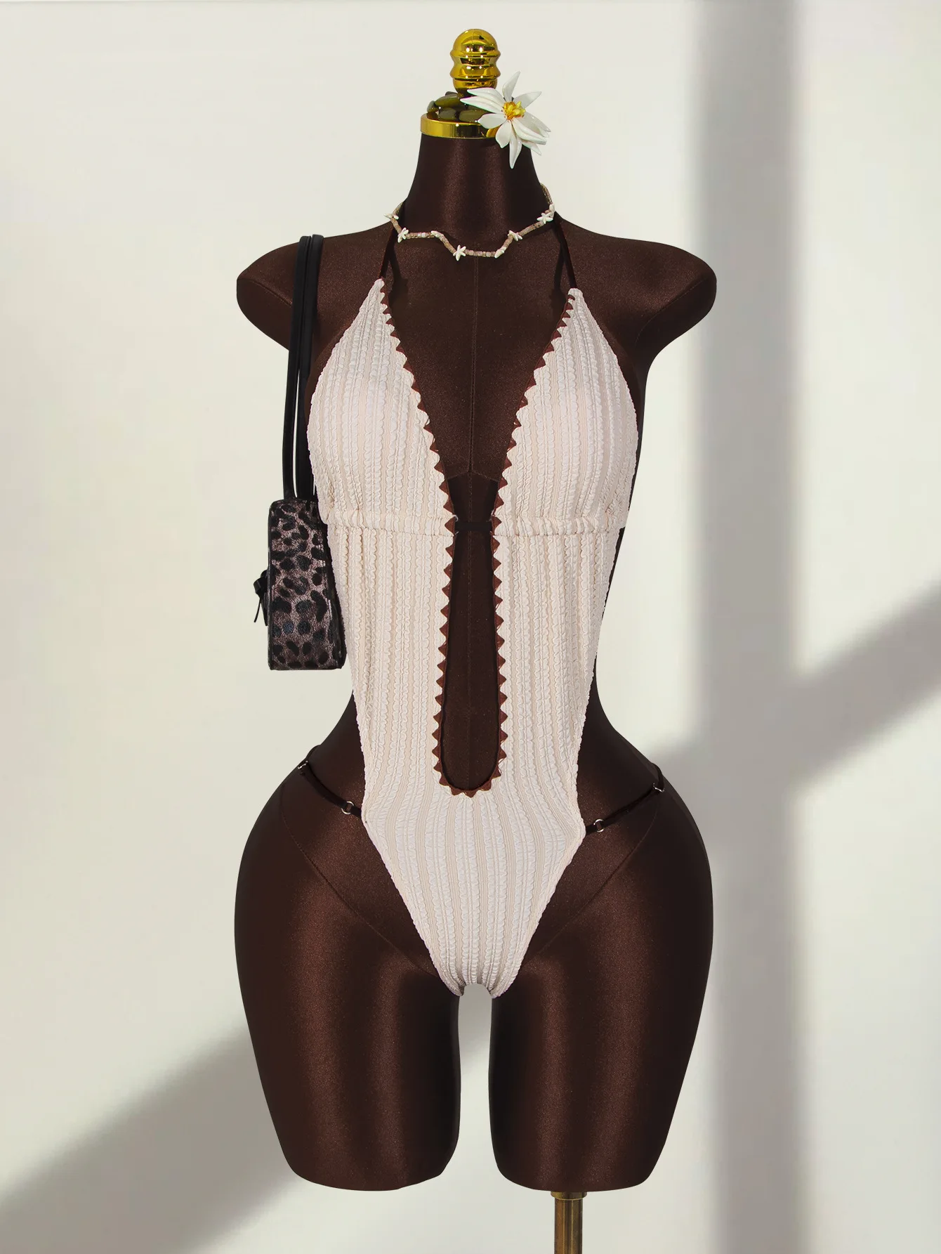 

Сексуальные бежевые купальники с ребристой текстурой и элементами пэчворка, цельные, с завязками сзади, бикини, боди, женские купальные костюмы, танкини