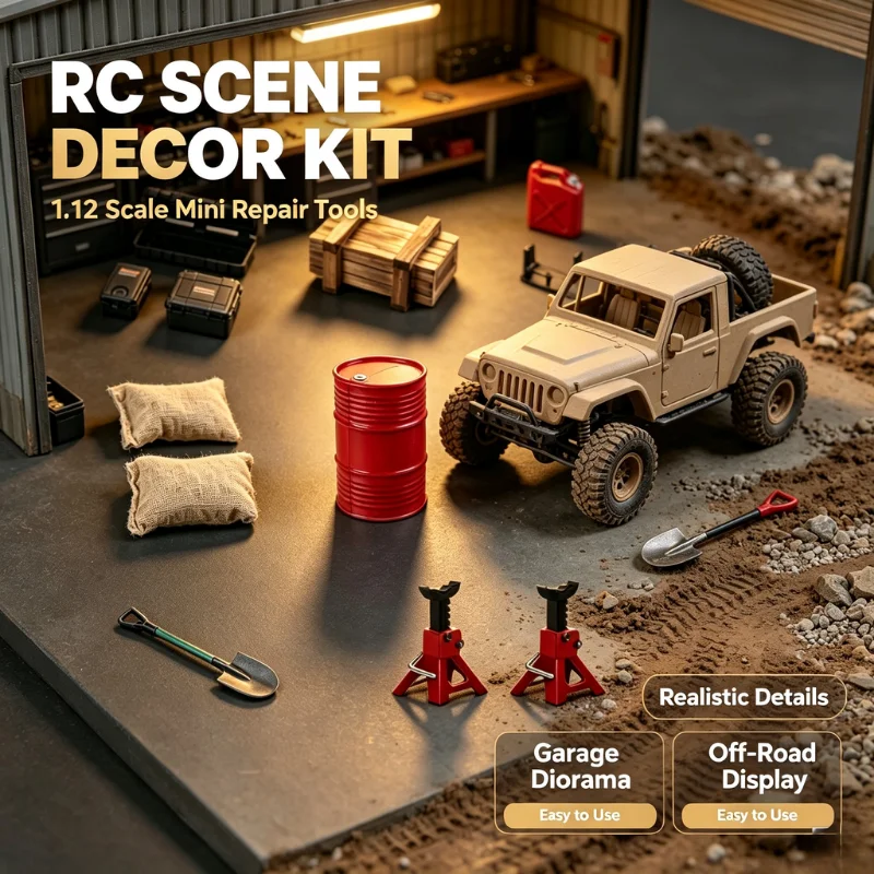 1/8 1/10 RC Crawler Diorama Kit, Garage Workshop Accessories, Fuel Drum, Toolbox, Jack & Shovel for RC Offroad Truck