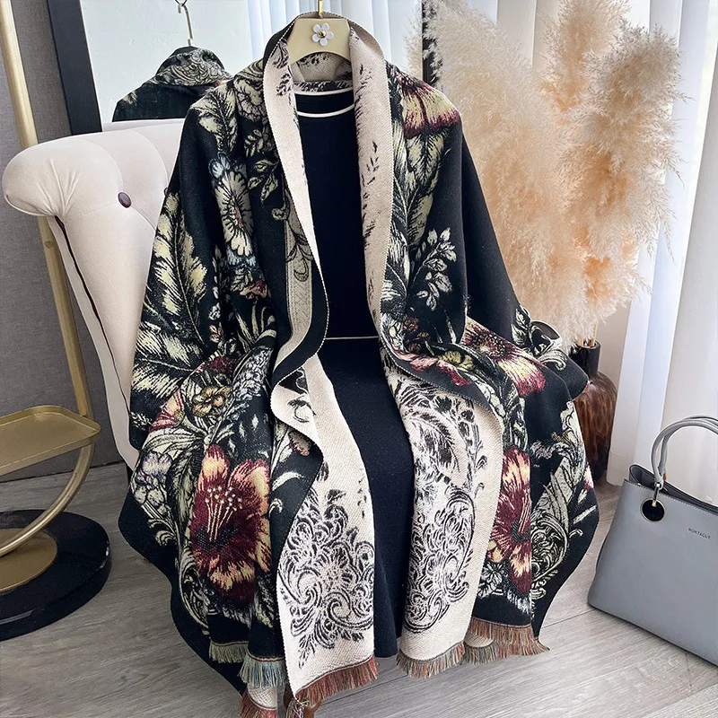 Scarf Women Shawl Pashmina Wrap Blanket Scarf Floral Jacquard Throw Cape Winter Autumn Oversized Shoulder Cover Poncho