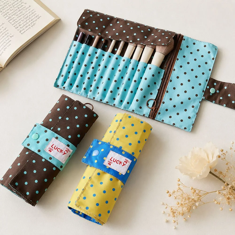 Cute Polka Dot Makeup Brush Storage Bag Canvas 10 Slots Makeup Tool Bag Portable Multipurpose Makeup Bag Multipurpose