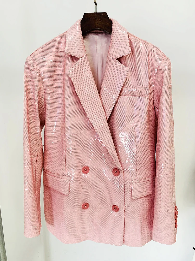 

Europe American 2023 Autumn Hot Fashion Women High Quality Double-breasted Pink Loose Sequins Blazers Jackets Coat F201