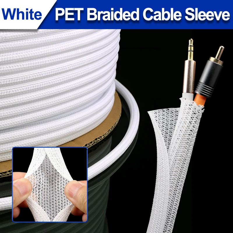 White PET Braided Expandable Cable Sleeve 3mm ~ 25mm Flexible Self Closed Insulated Wrap Pipe Tube Line Protector Wire Organizer