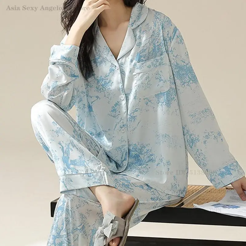 

Lady Luxury Sleepwear Women's Home Clothes Long Sleeve Trouser Pajamas Set Rayon Print Nightwear Spring New Pijama Loungewear