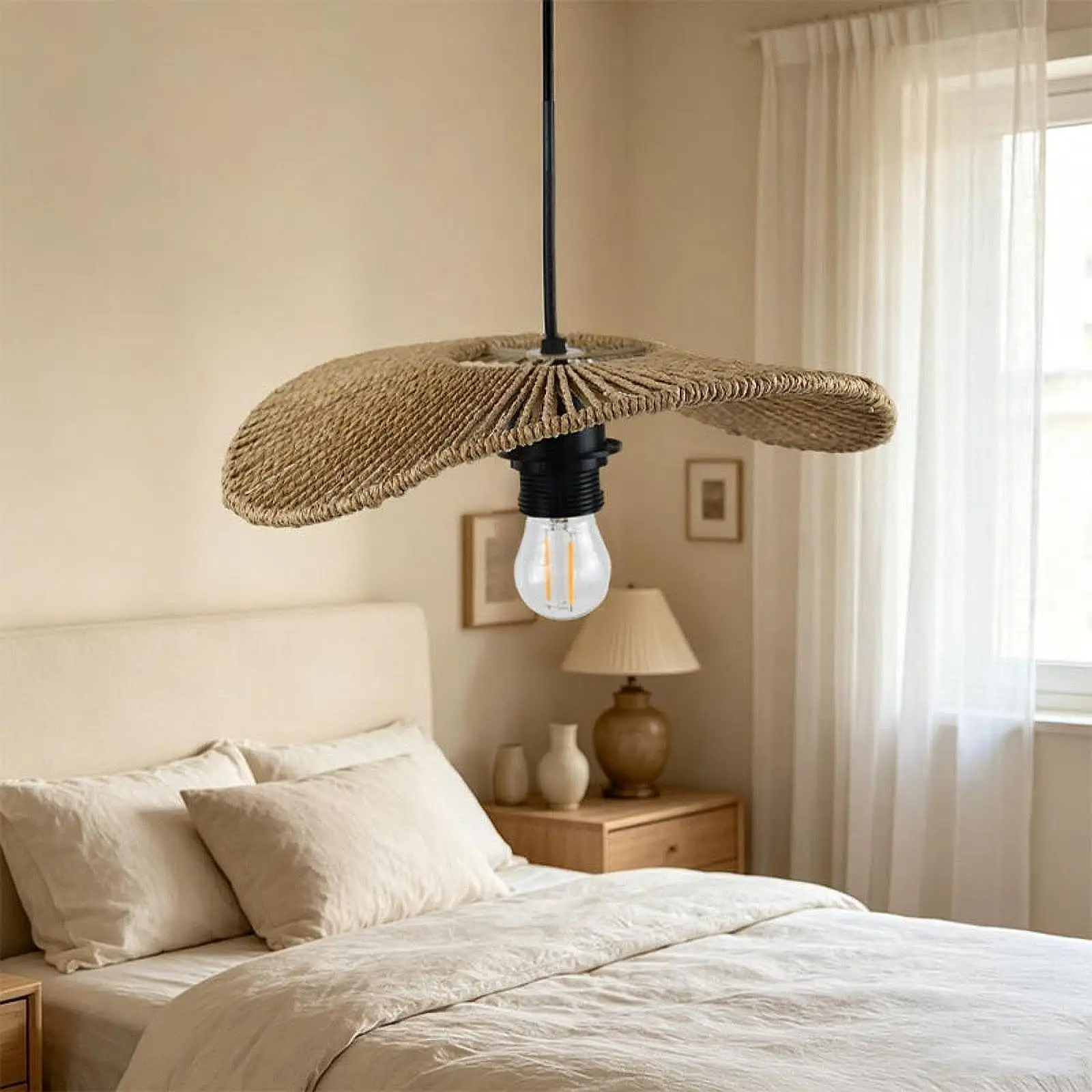 Chinese Inspired Faux Rattan Paper Rope Lamp Shade Pendant Ceiling Cover for Tea Room