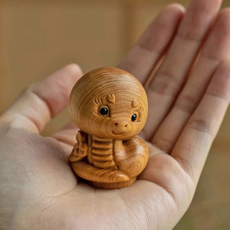 Mini Wood Carving Chinese New Year Snake Ornaments Zodiac Statue Cute  Animal Decor Office Desktop Car Decoration