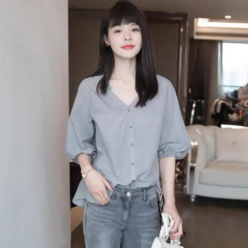 Camisas de manga curta das mulheres jacquard balão manga pintuck camisa solta conforto em casa formal estudante artístico jovem feminino