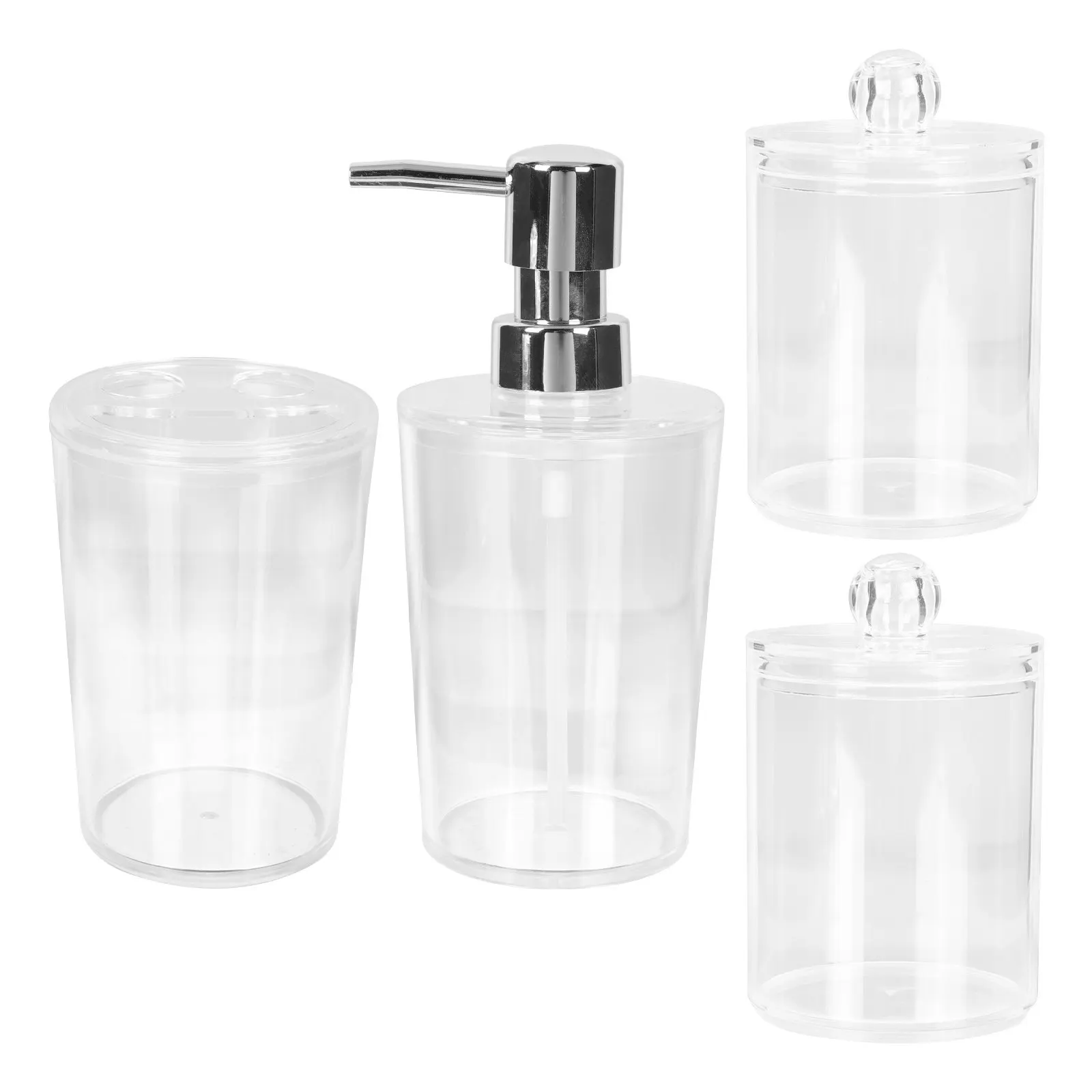 

Набор аксессуаров для ванной комнаты из 4 предметов: эргономичный дизайн, гладкая поверхность, легко чистится. Включает стакан для зубных щеток, дозатор для мыла, емкость для ватных шариков.