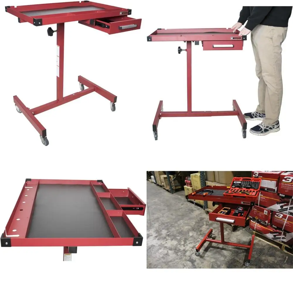 Adjustable Portable Work Table with Drawer for Garages and Repair Shops, DIY Friendly, Swivel Wheels for Easy Movement