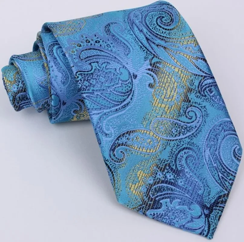 New Classic Men's Silk Tie Paisley Floral Blue Yellow JACQUARD WOVEN Handmade Men's Tie Necktie