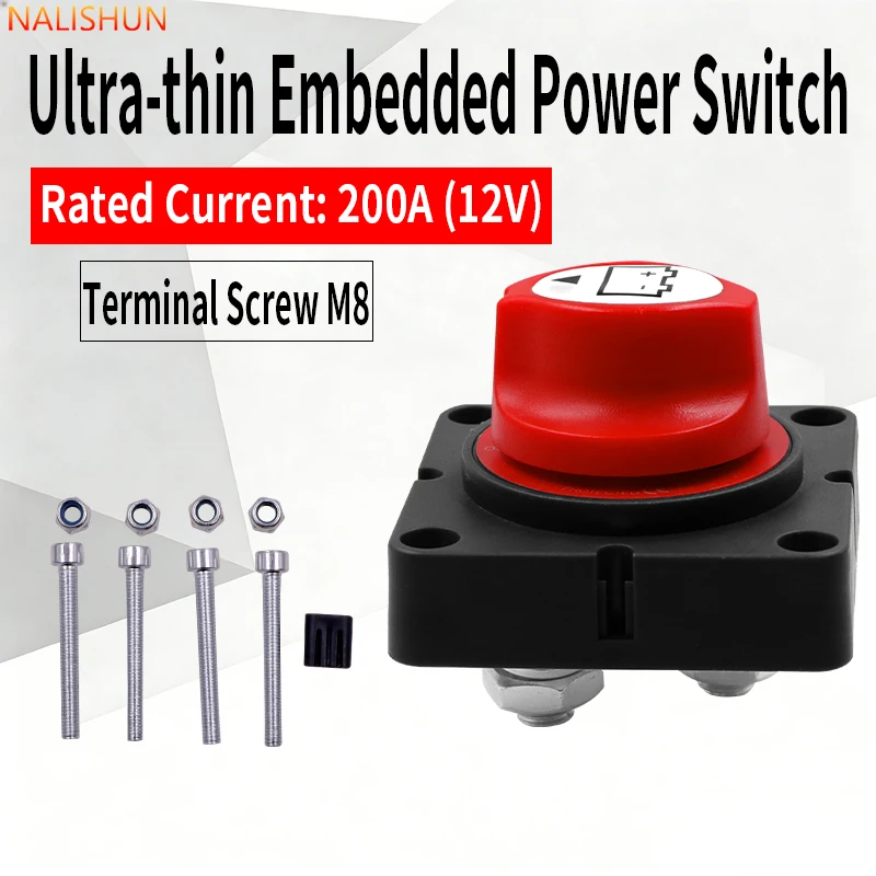Ultra-Thin Embedded 200A High-Current Battery Disconnect Switch 12V Modified Battery Main Power Disconnector M8 Terminal Isolation Switch