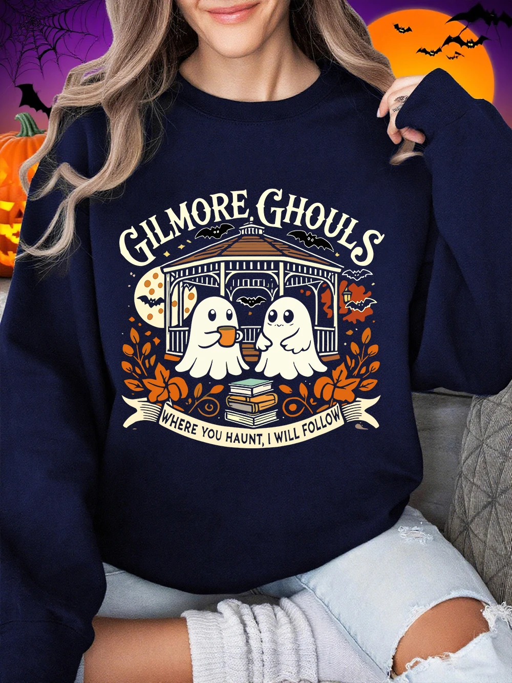 هالوين جيلمور الغول يطبع بلوزات النساء Crewneck أساسيات هوديس فضفاض الصوف الدافئة البلوز الشتاء ملابس امرأة غير رسمية