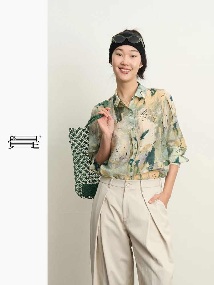 

Original Design Loose Fit Tea een Oil Painting Print Basic ape irt Women's Faion Spring Collection Button Closure