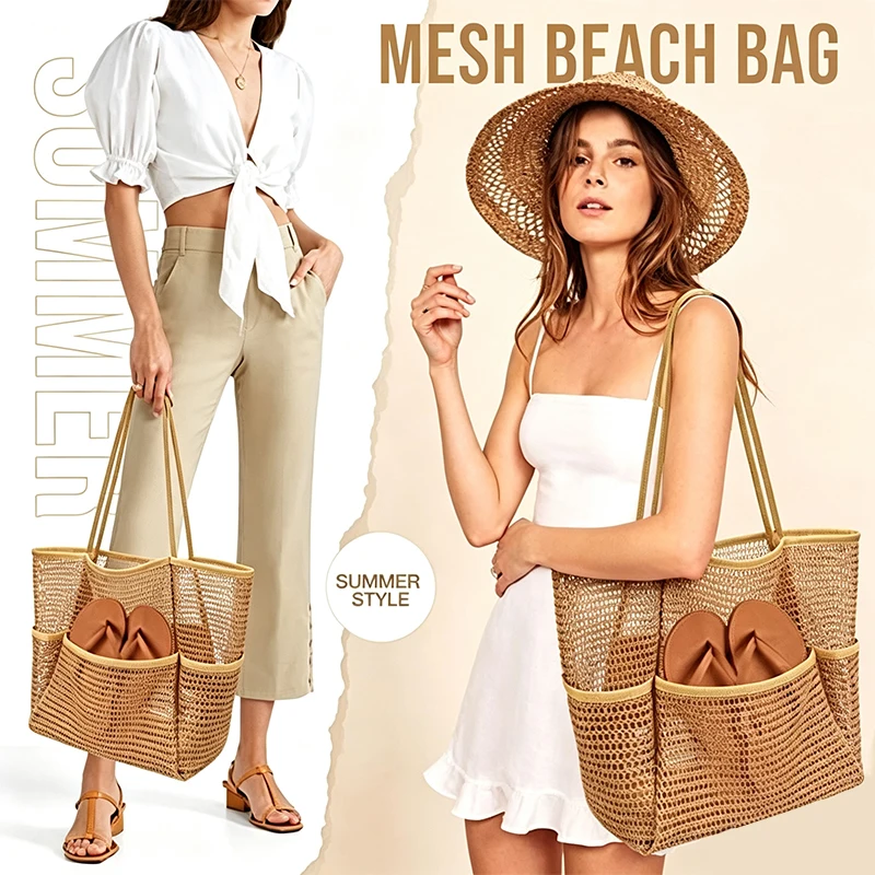 1PC Mesh Beach Bag With Multiple Pockets Quick Dry Sand Free Toy Organizer Tote Pool Cruise Travel Must Haves Multiple Colors
