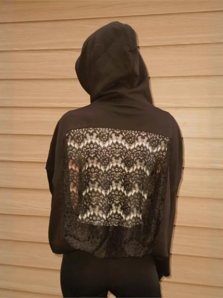 

Autumn New Street Fashion Versatile Hooded Long-sleeved Backless Hollow Sweatshirt Women's Sexy Lace Solid Color Pullover Tops