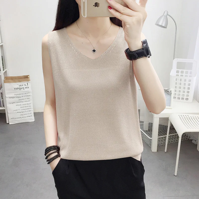 

Ice Slik Knitted Camisole 2022 New Spring Summer V Neck Solid Color Sleeveless Bottoming Cropped Top