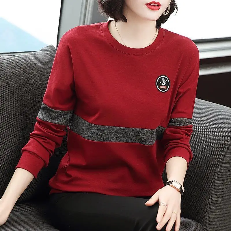 Fashion O-Neck Long Sleeve Spliced All-match T-Shirts Women Clothing 2024 Autumn Winter New Loose Casual Tops Commuter Tee Shirt