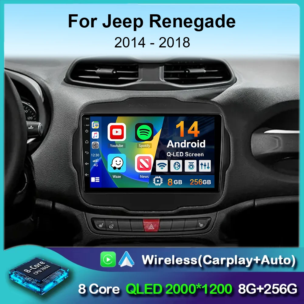 

Android 14 Carplay Auto Car Radio For Jeep Renegade 2016-2020 GPS Navigation Multimedia Video Player Autoradio Stereo WIFI+4G BT