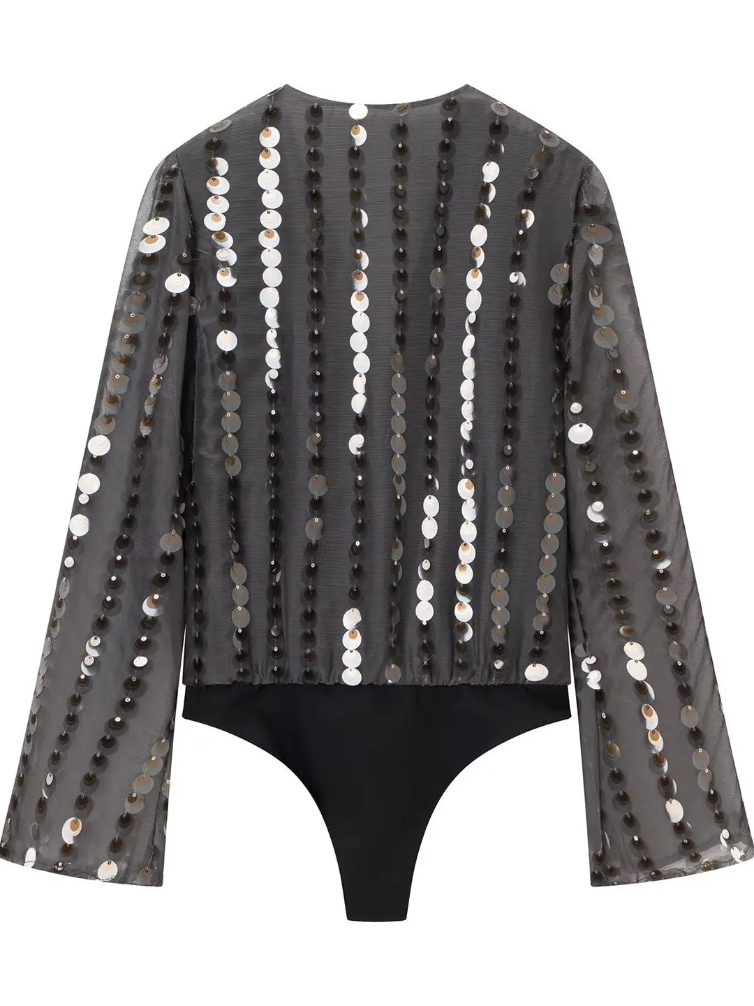 Women's High Waist Shiny Sequin V-Neck Double Breasted Long Sleeve Onesie Base Shirt Street Style Summer Polyester Fiber