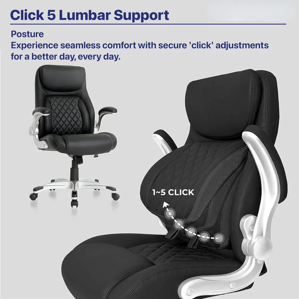 + Kursi kantor kulit PU ergonomis postur. Penyangga Lumbar Click5 dengan FlipAdjust sandaran tangan.