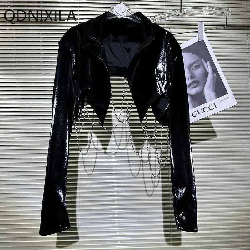 PU Leather Jacket for Women, Spice Girl, Dark Wind, Patent Leather, Chain Design, Female Coat, Autumn, New Style, 2024