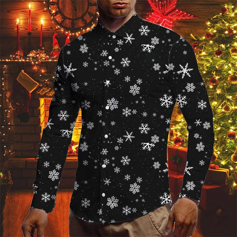 Christmas Decoration Pattern Hawaiian Shirts For Men Santa Claus Reindeer 3D Print Blouse Casual Loose Aloha Shirts Long Sleeves