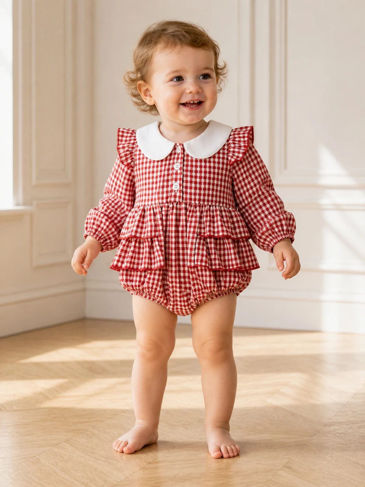 Baby Girl Red Gingham Romper Peter Pan Collar Ruffle Long Sleeve Bodysuit Newborn Infant Fall Cute Plaid One Piece Outfit
