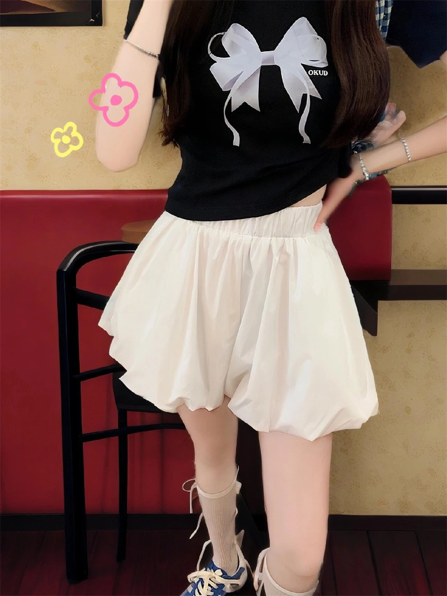High Waist A-Line Bouffant Skirt Women's White Flower Bud Pants Autumn New Style Breathable Skin-Friendly Anti-Light Short Skirt