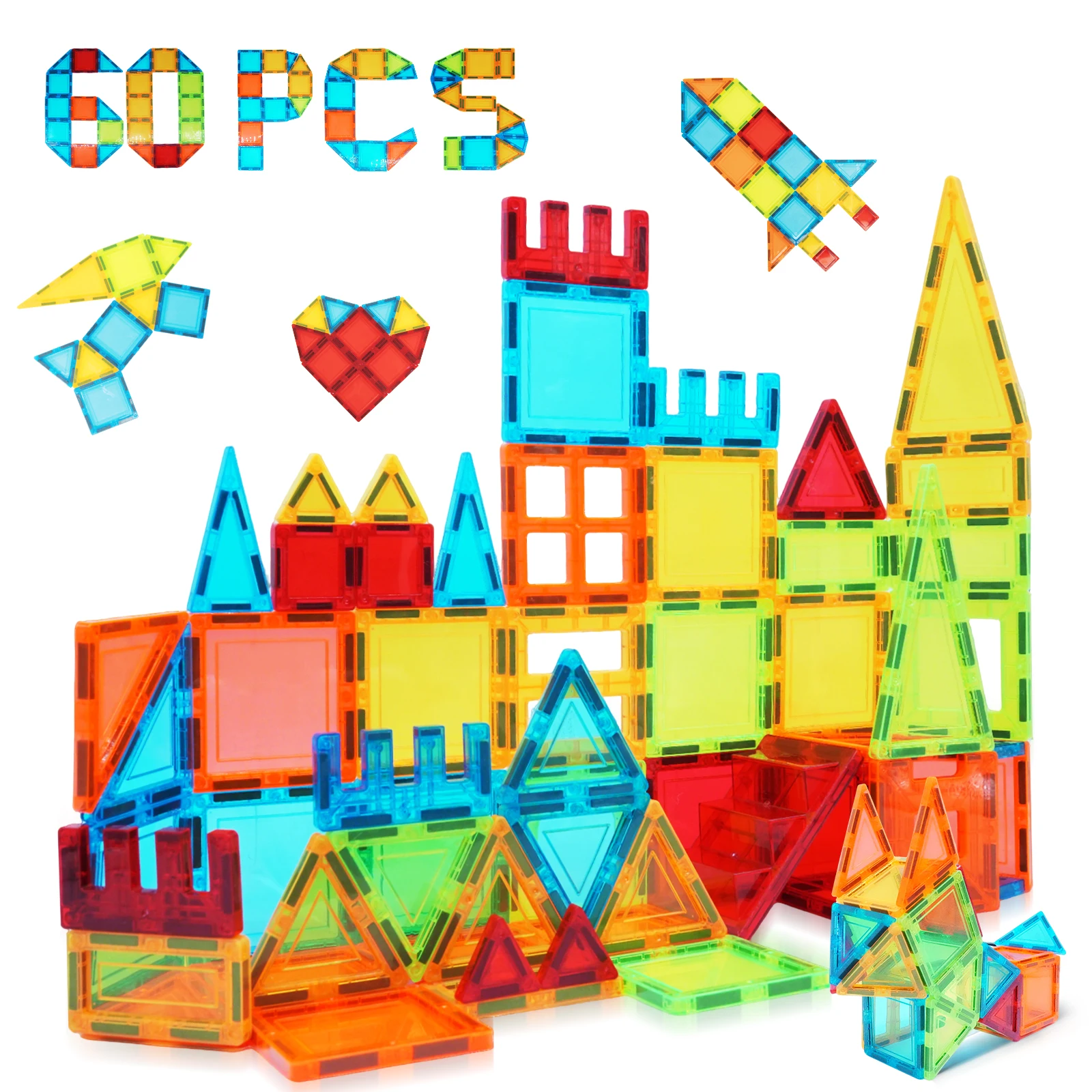 60 PCS Magnetic Tiles Building Set, Educational STEM Magnet Toys, Creative Construction Game for Boys Kids Toddlers Ages 3-9