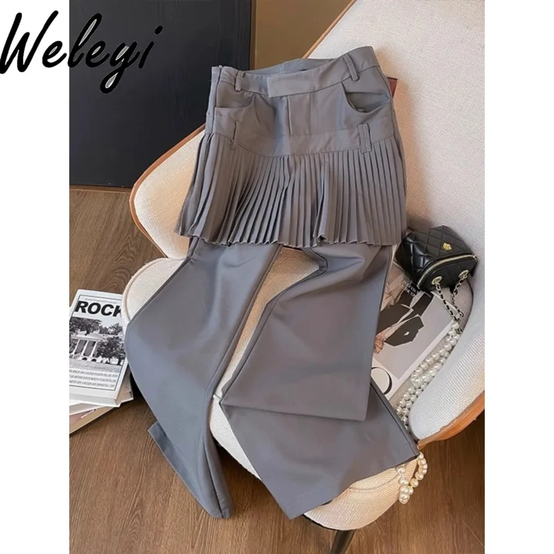 American Fake Two Pieces Stacked with Pleated Gray Skirt Pants Autumn 2024 New Retro High Waist Micro-horn Trousers Trendy.