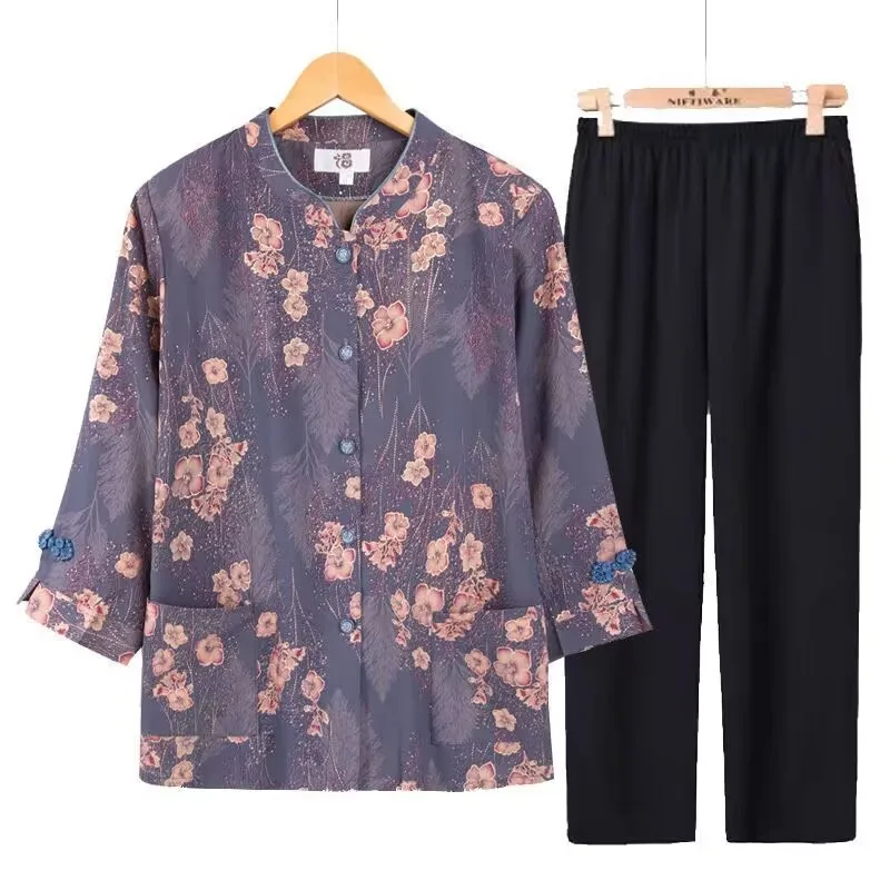 Grandma Costume Summer Attire Cardigan Seven Points Sleeve Shirt Pant Set Middle Aged Elderly Mothers Thin Style Blouse Pant Set