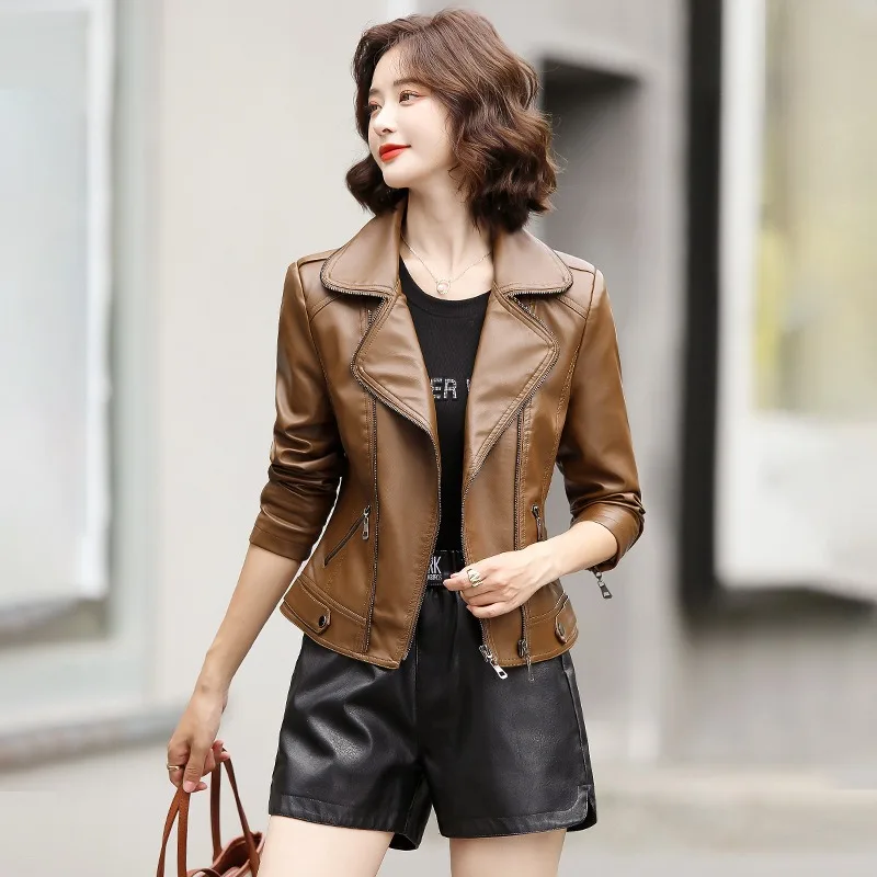 2023 Spring autumn new short small fellow loose commute simple slimming thin imitation sheep skin small leather coat female tide