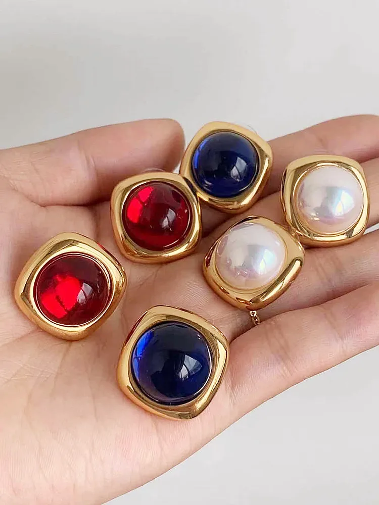 

Brass Vintage Colorful Stone Geo Button Earrings Women Jewelry Punk Designer Runway Rare Simply Gown Boho Japan Korean