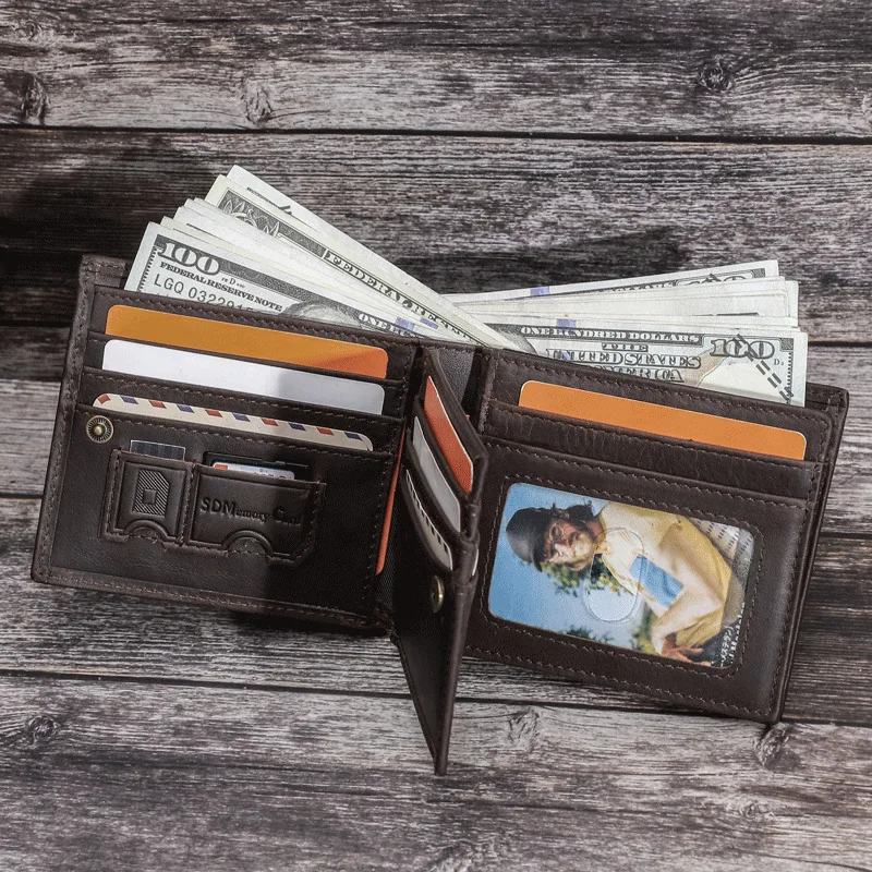 New Fashionable British Style Top Layer  Cowhide Anti Theft Brush Head Layer Horizontal Wallets Cowhide Three Fold Men's Wallets