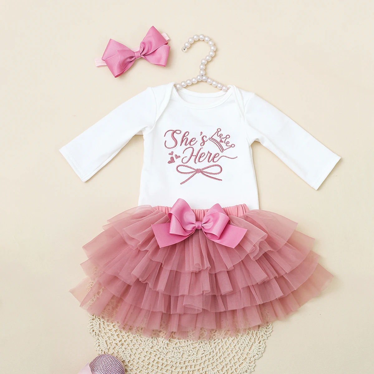 Newborn Baby Girl Coming Embroidery Long Sleeve Bodysuit Layered Pink Tulle Tutu Skirt Headband Infant Shower Photography Clothe