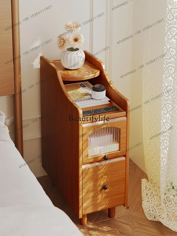 

12Solid Wood Bedside Cabinet Modern Minimalist Mini Small Household Bedroom Extremely Narrow Storage Cabinet