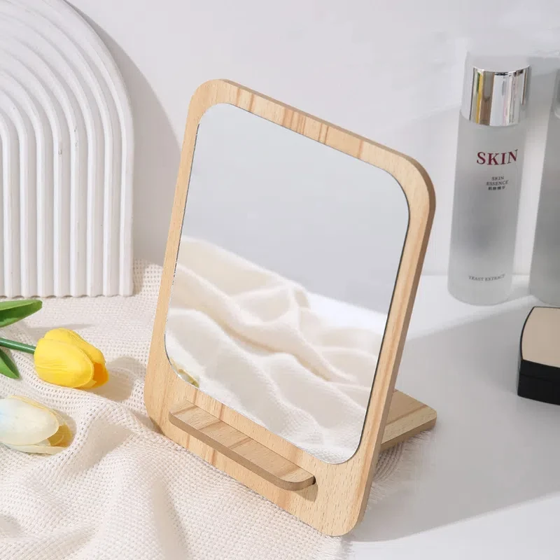 مرآة تزيين بإطار خشبي، مرآة مكياج قابلة للطي، مرآة مكتب محمولة هدية للنساء #4