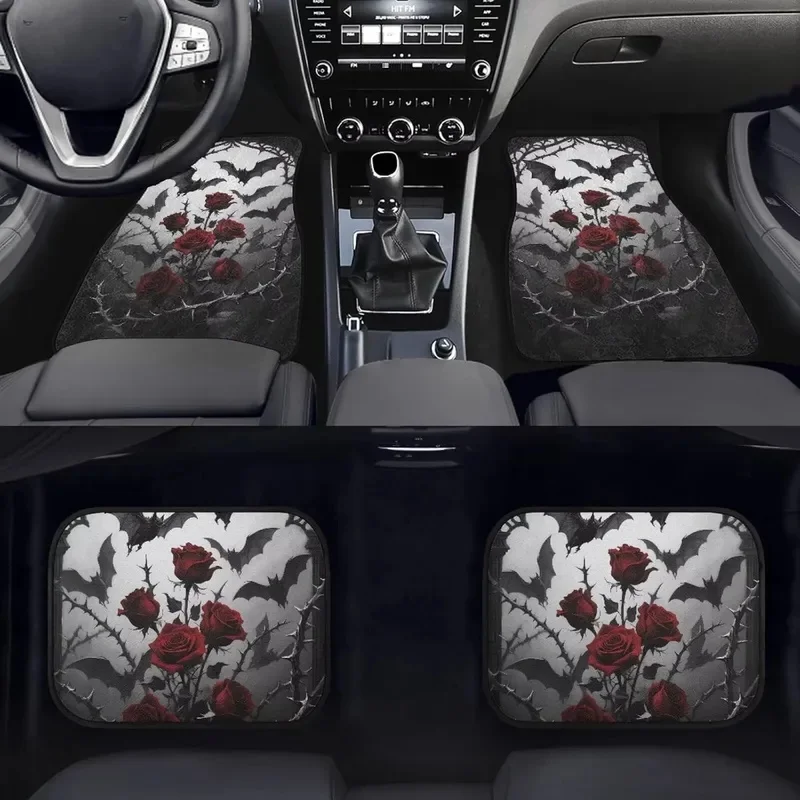 Set Of 4 Gothic-Style Rose Car Mats Featuring Halloween Bats And Thorn Designs, Suitable For All Weather Conditions. These Mats