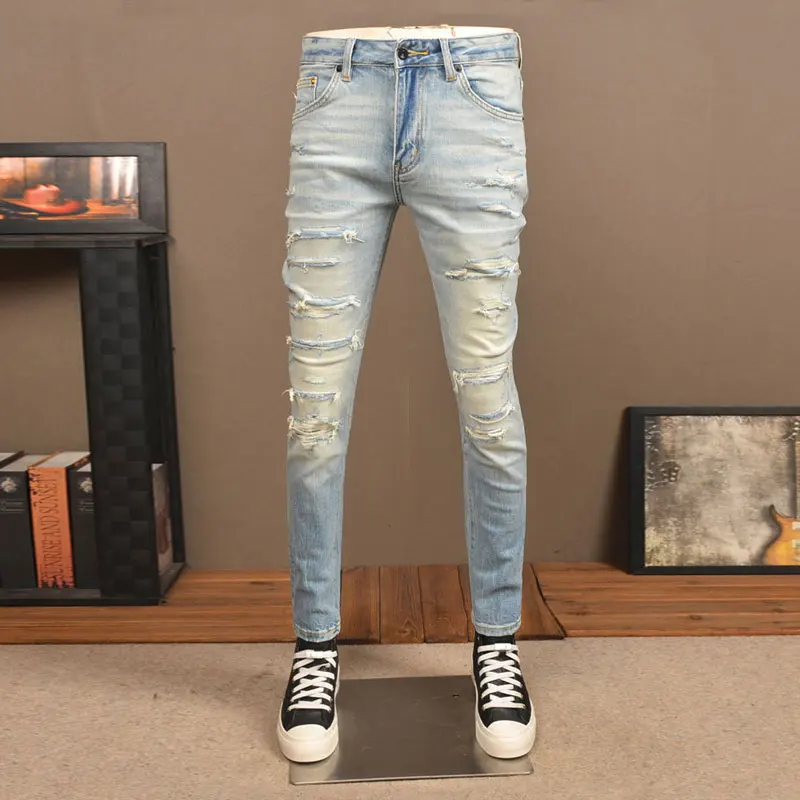 

Street Fashion Men Jeans Retro Light Blue High Quality Stretch Slim Fit Patched Ripped Jeans Men Vintage Designer Denim Pants